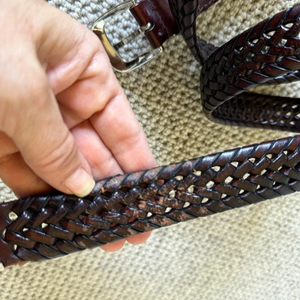 Mens Dark Brown Woven Braided Leather Belt Silver Buckle Metal Tip Size 40